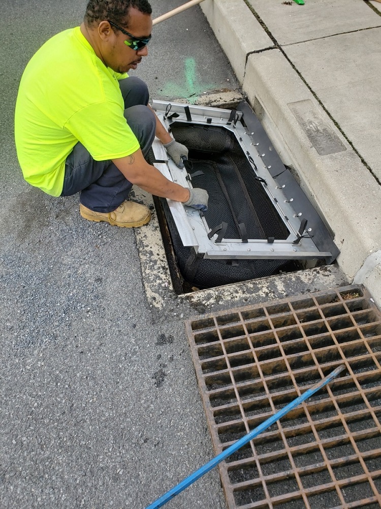 stormsack catch basin insert filter geotextile bag installation at fountain hill