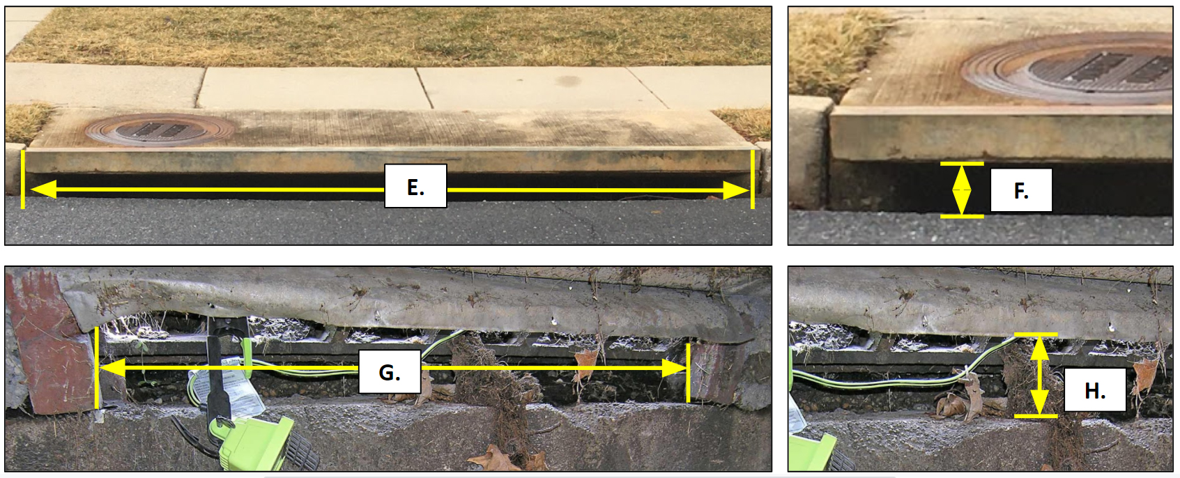 open curb inlet survey curb throat measurements pictures